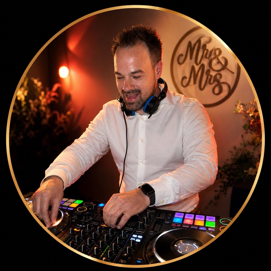 Mr-und-Mrs-Leuchtbuchstaben am DJ-Pult einer Hochzeit